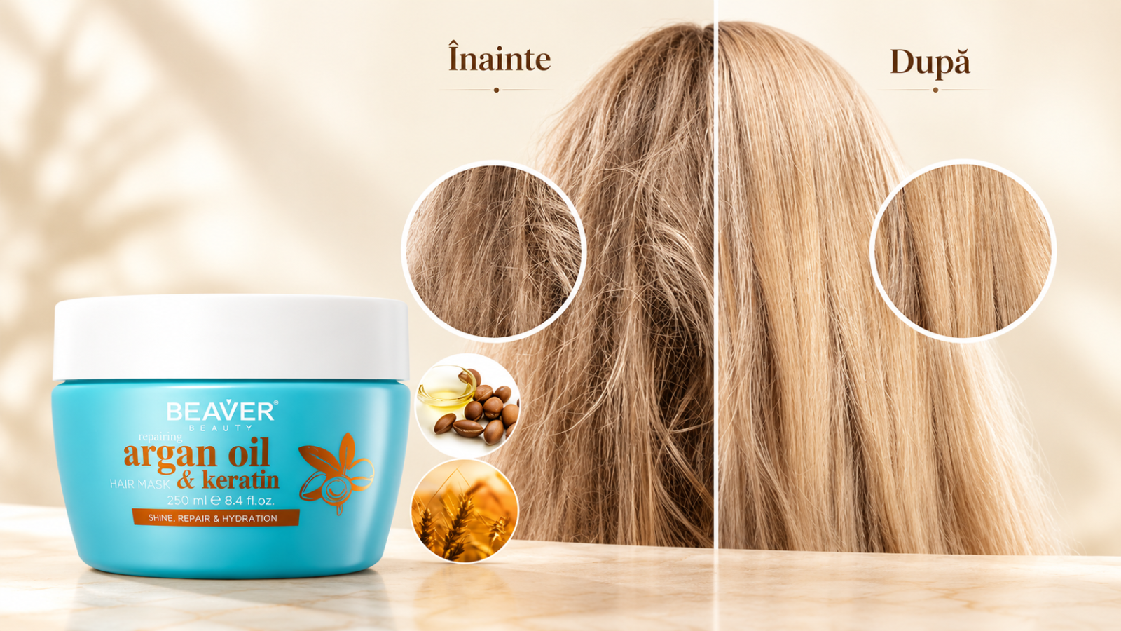 Mască regenerantă de păr Beaver Beauty cu ulei de argan și cheratină, esențială pentru netezirea texturii aspre, hidratare intensă și strălucirea părului uscat sau degradat.